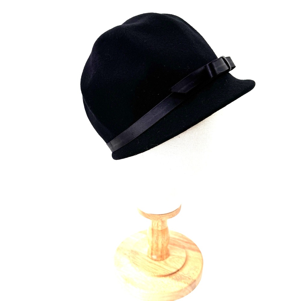 VTG PeachFelt Henry Pollak Women Riding Hat Equestrian Black Wool Bow Union Made